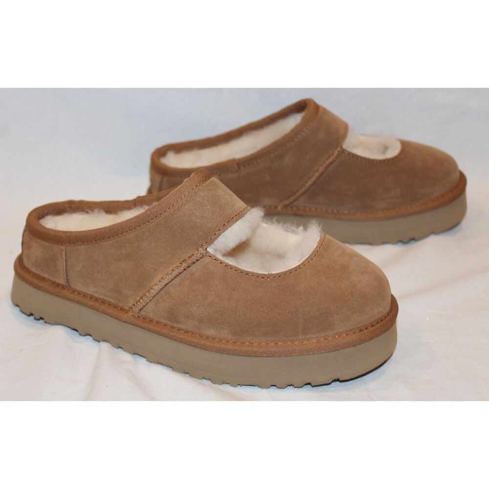 NIB UGG BEA MARY JANE SUEDE SHEARLING PLATFORM SLIPPERS CHESTNUT Y 4 WOMEN'S 6‎